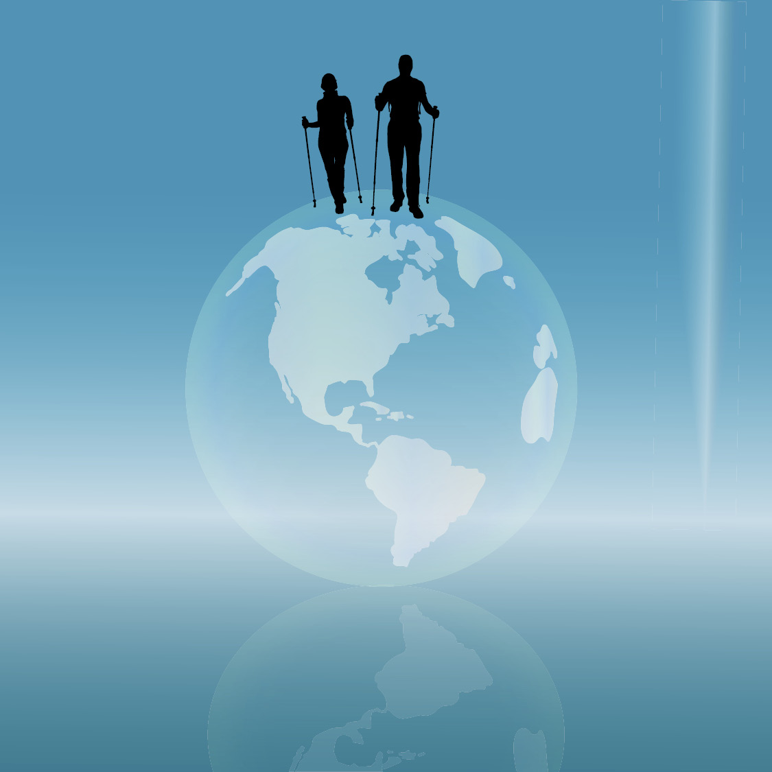 Zeichnung von zwei Nordic Walking Personen auf einer Weltkugel
