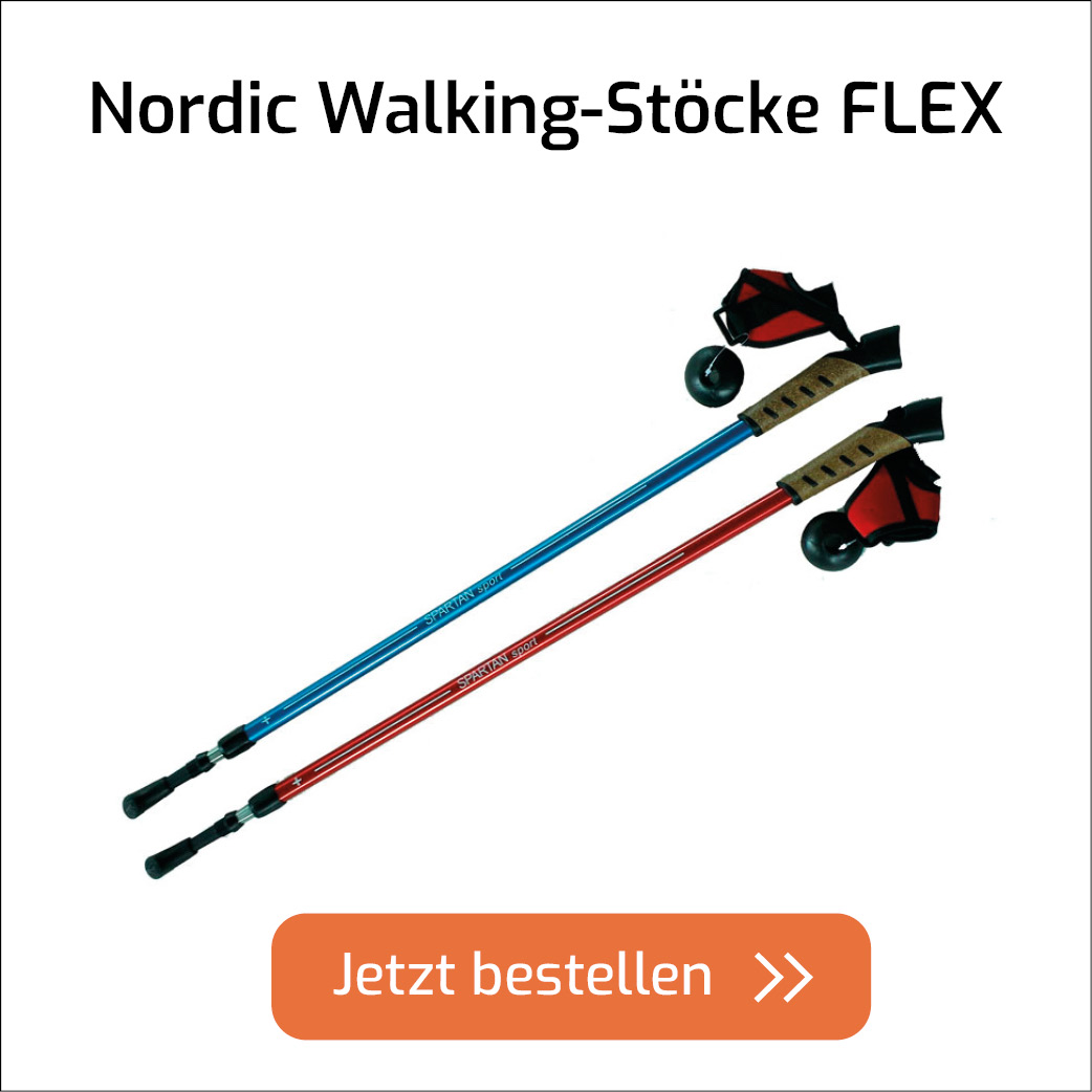 Produktbild mit je einem blauen und einem roten Nordic Walking Stock und Verweis auf die Bestellmöglichkeit mit Jetzt bestellen