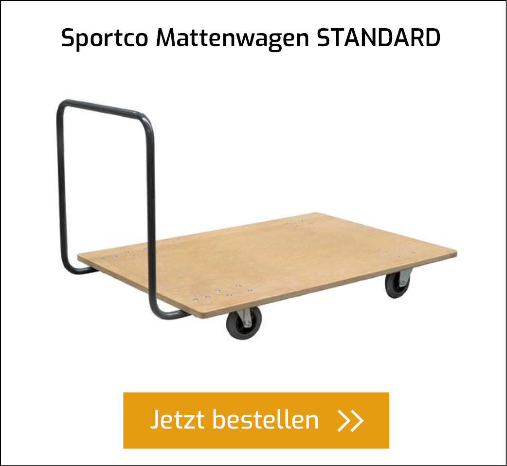 Sportco Mattenwagen STANDARD aus Holz mit Button zum direkten Bestellen.
