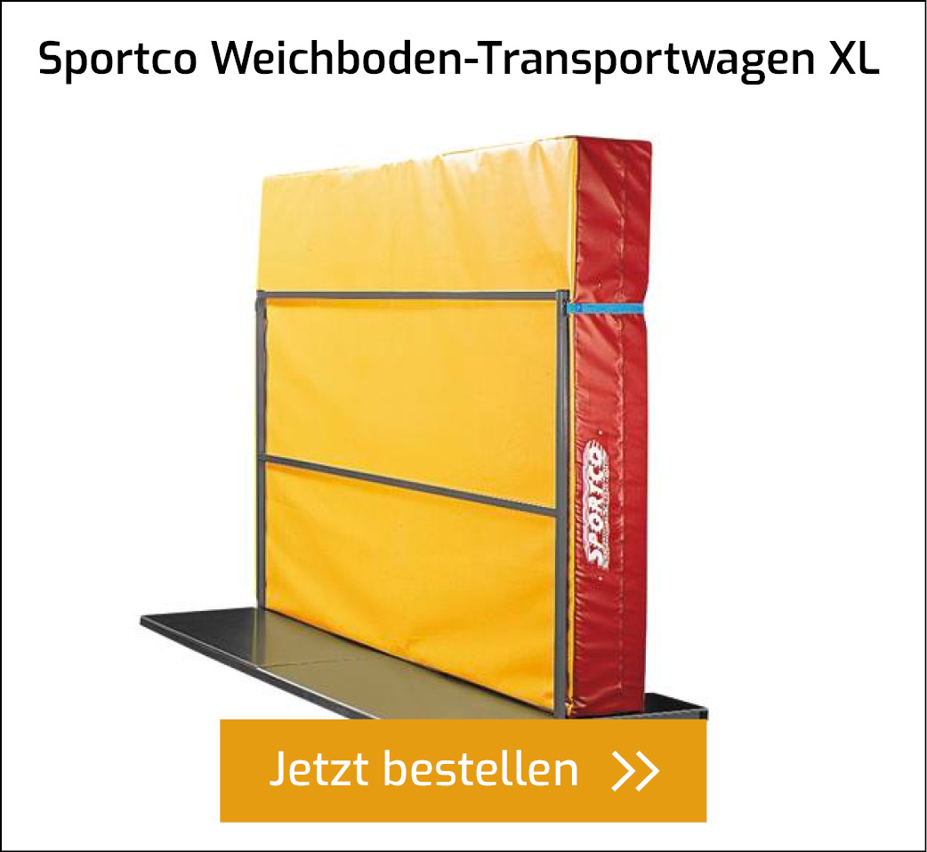 Sportco Weichboden-Transportwagen XL mit einer großen gelb-roten Weichbodenmatte mit Button zum direkten Bestellen.